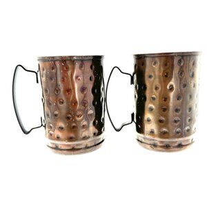 Set Of 2 Vintage Hammered Copper 8 Oz Mugs With Handles Rustic